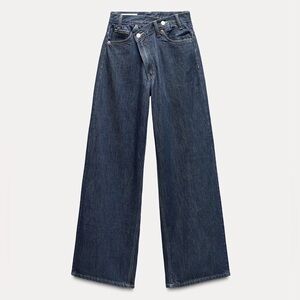 Zara TRF High-Rise Wide Leg Crossover Waistband Jeans - Indigo Dark Wash